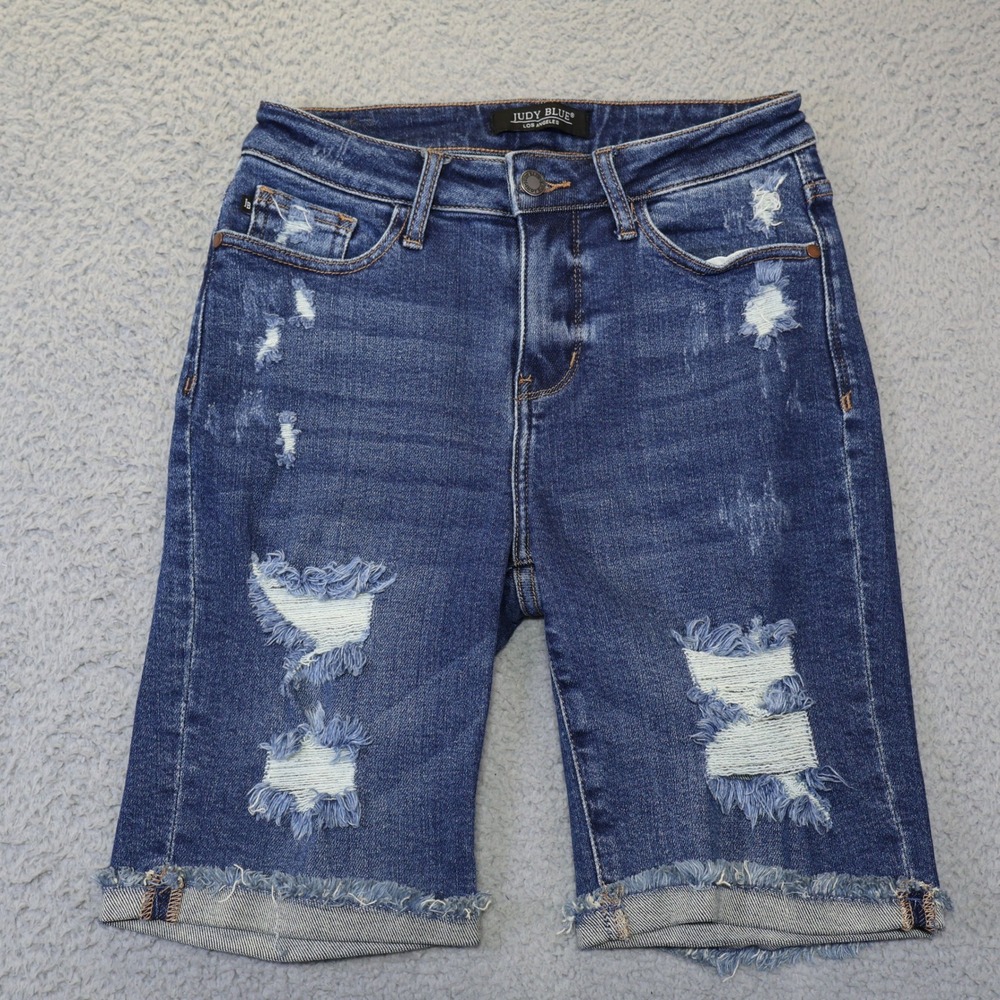 Judy Blue Distressed Bermuda Denim Shorts Medium Wash Raw Hem JB150045 Size S